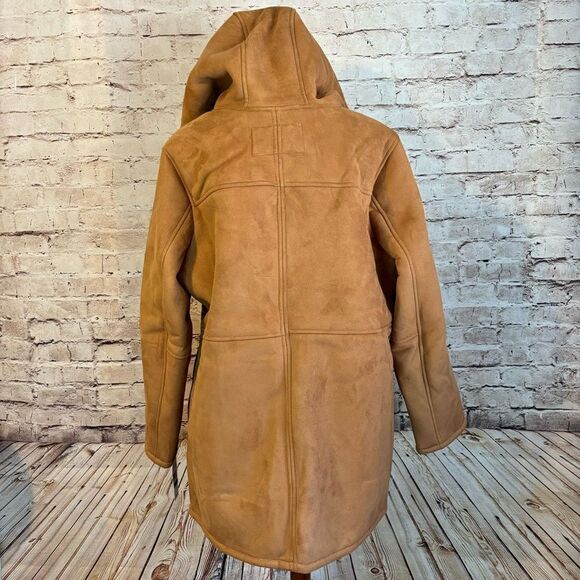 Michael Kors Faux Fur Shearling Suede Longline Hooded Jacket Full Zip Tan Gold - Picture 3 of 10
